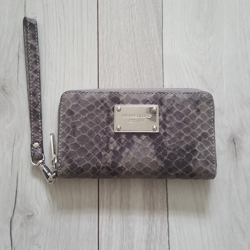Michael Kors grey snake print wristlet